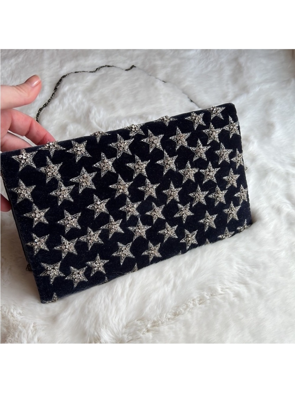 Navy velvet crossbody or envelope clutch with rhinestone stars - Picture 5 of 9